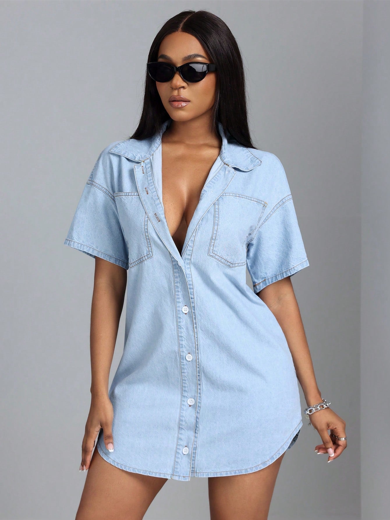 Ladies' Short Sleeve Denim Mini Dress With Lapel Collar, Front Buttons And Pockets, Casual Daily Wear