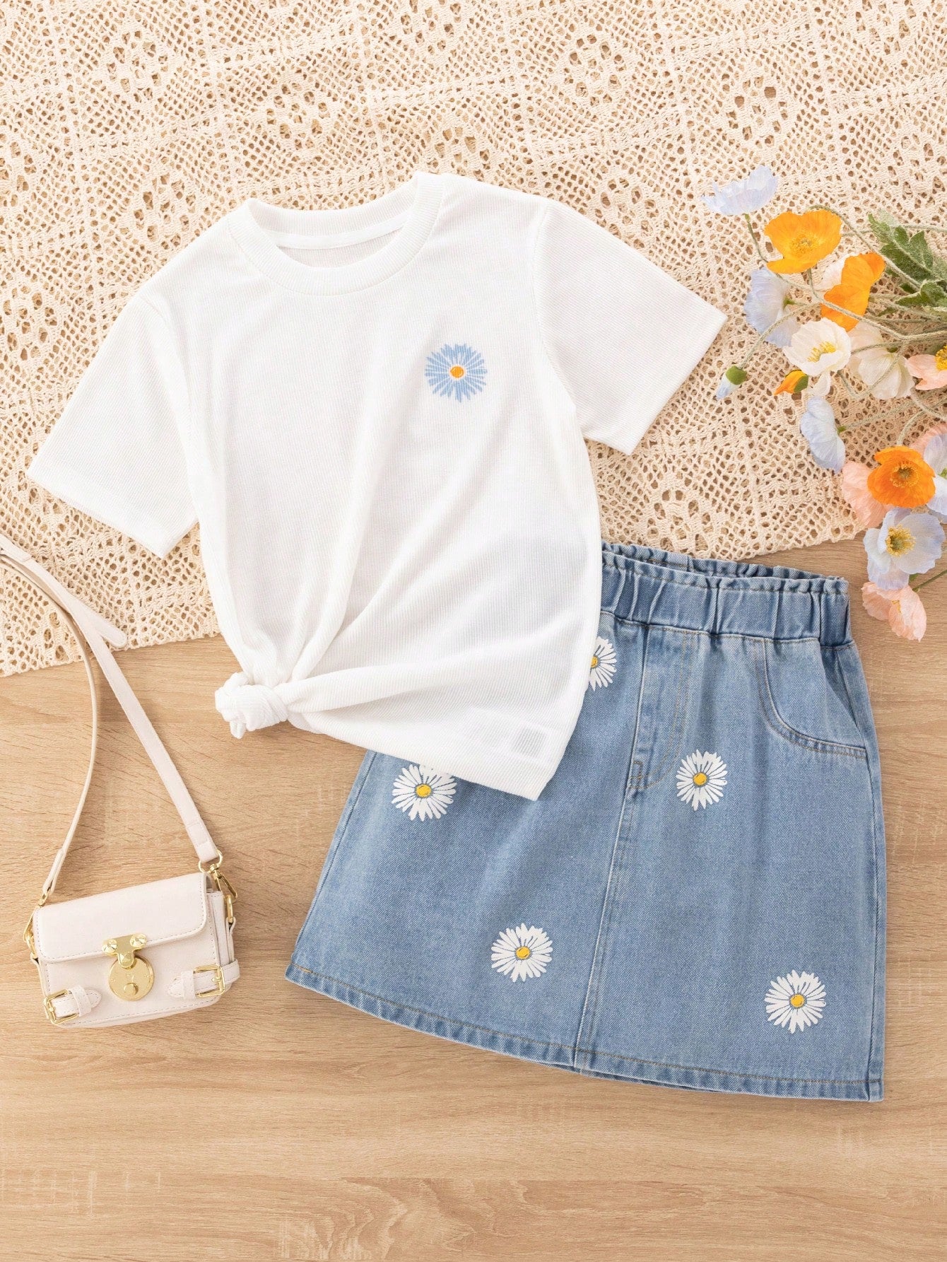 Tween Girl Daisy Printed T-Shirt & Denim Skirt 2pcs/Set