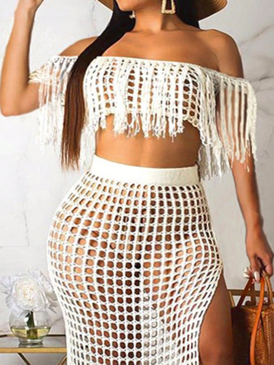 Plus Size Hollow Out Crochet Fringed Off Shoulder Crop Sweater For Vacation