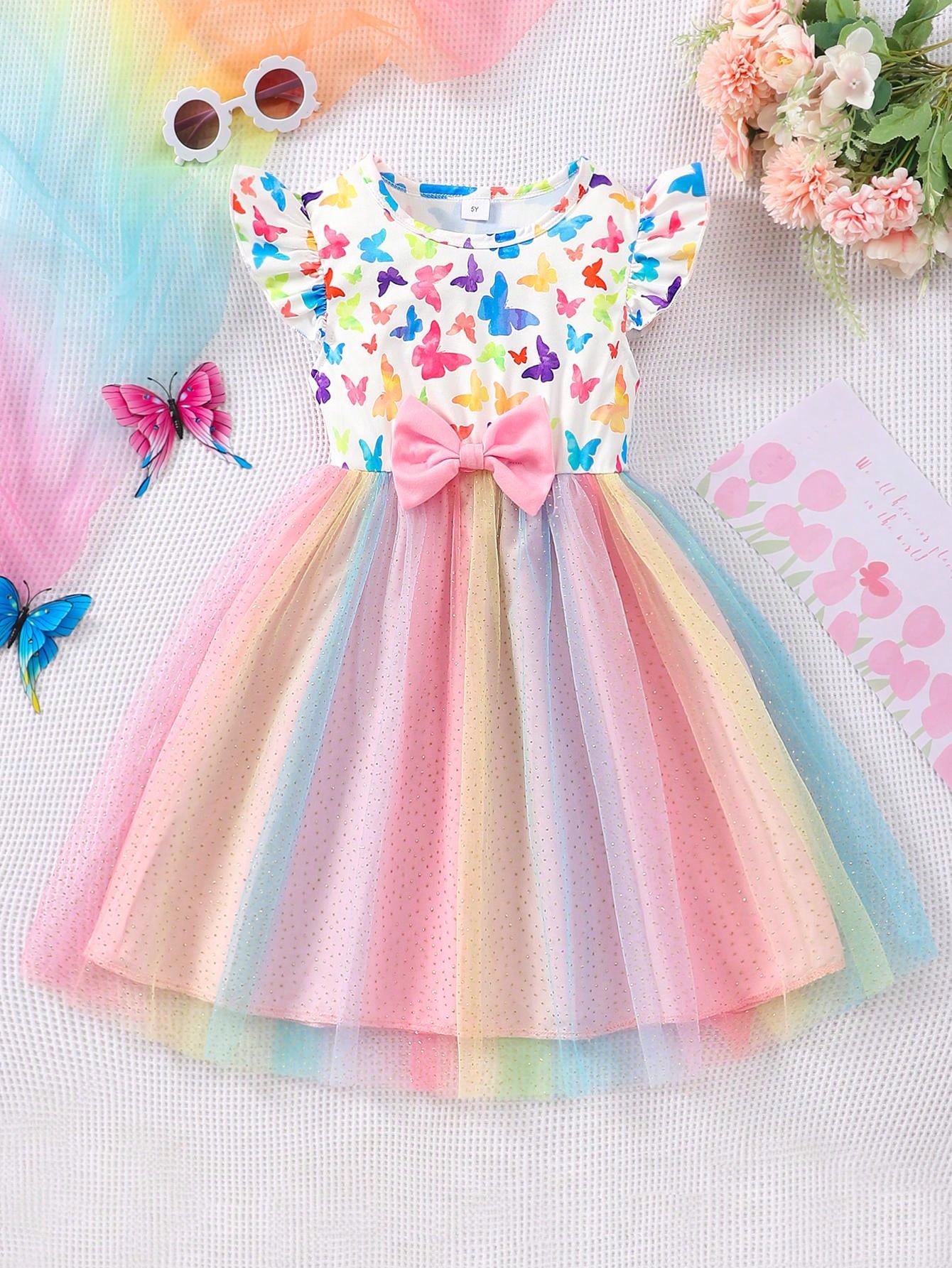 Young Girl Cap Sleeve Butterfly Printed Contrast Mesh Dress With Bowknot, Cute