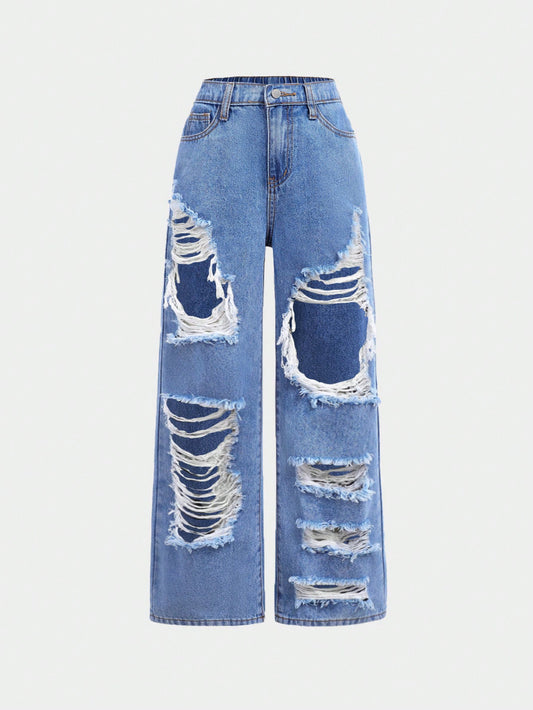 Tween Girl Y2K Trendy Cut Out Ripped Baggy Straight Leg Denim Jeans,Girls Summer Pants Outfits