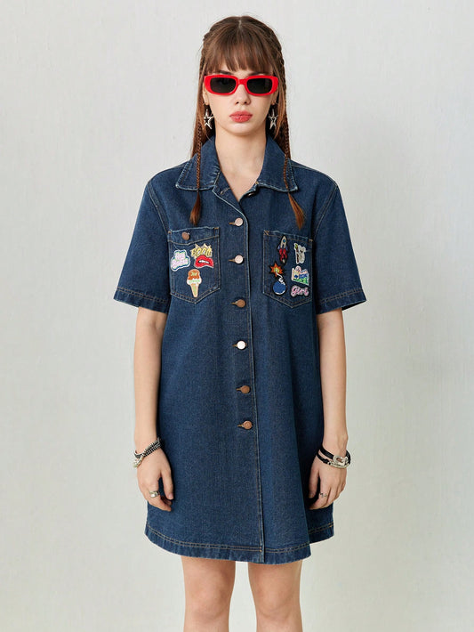 Women's Loose Casual Denim Dress With Pockets Embroidered Pattern