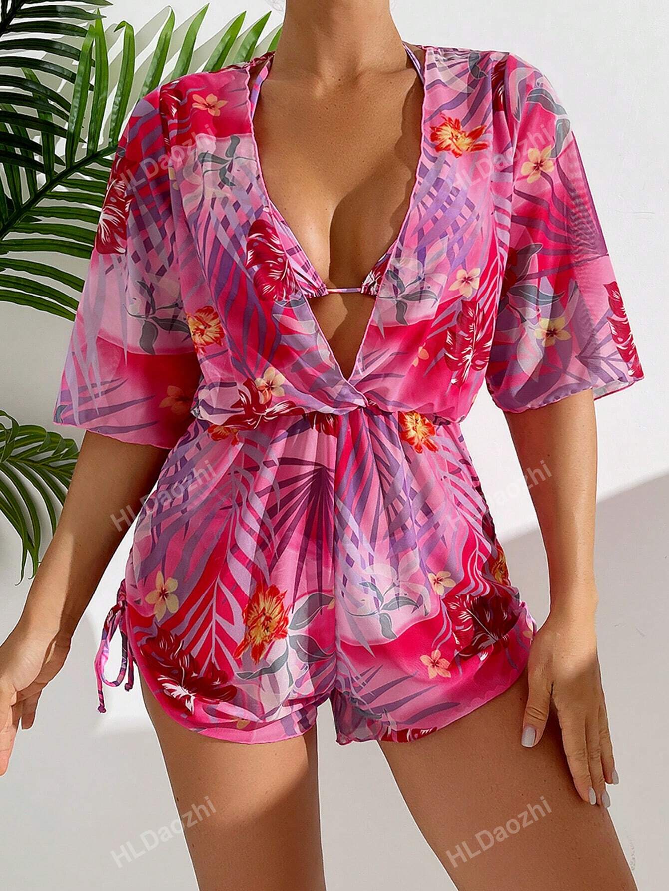 Ladies' Tropical Printed Bikini Set With Three-Pieces