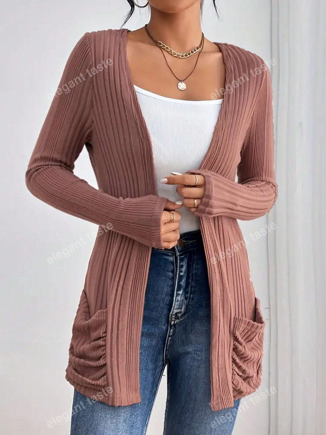 Solid Open Front Rib Knit Cardigan, Casual Long Sleeve Slim Cardigan With Pocket, Women's Clothing