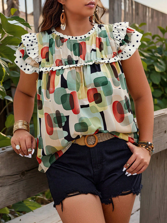 Random Print Plus Size Round Neck Pleated Hem Summer Casual Shirt