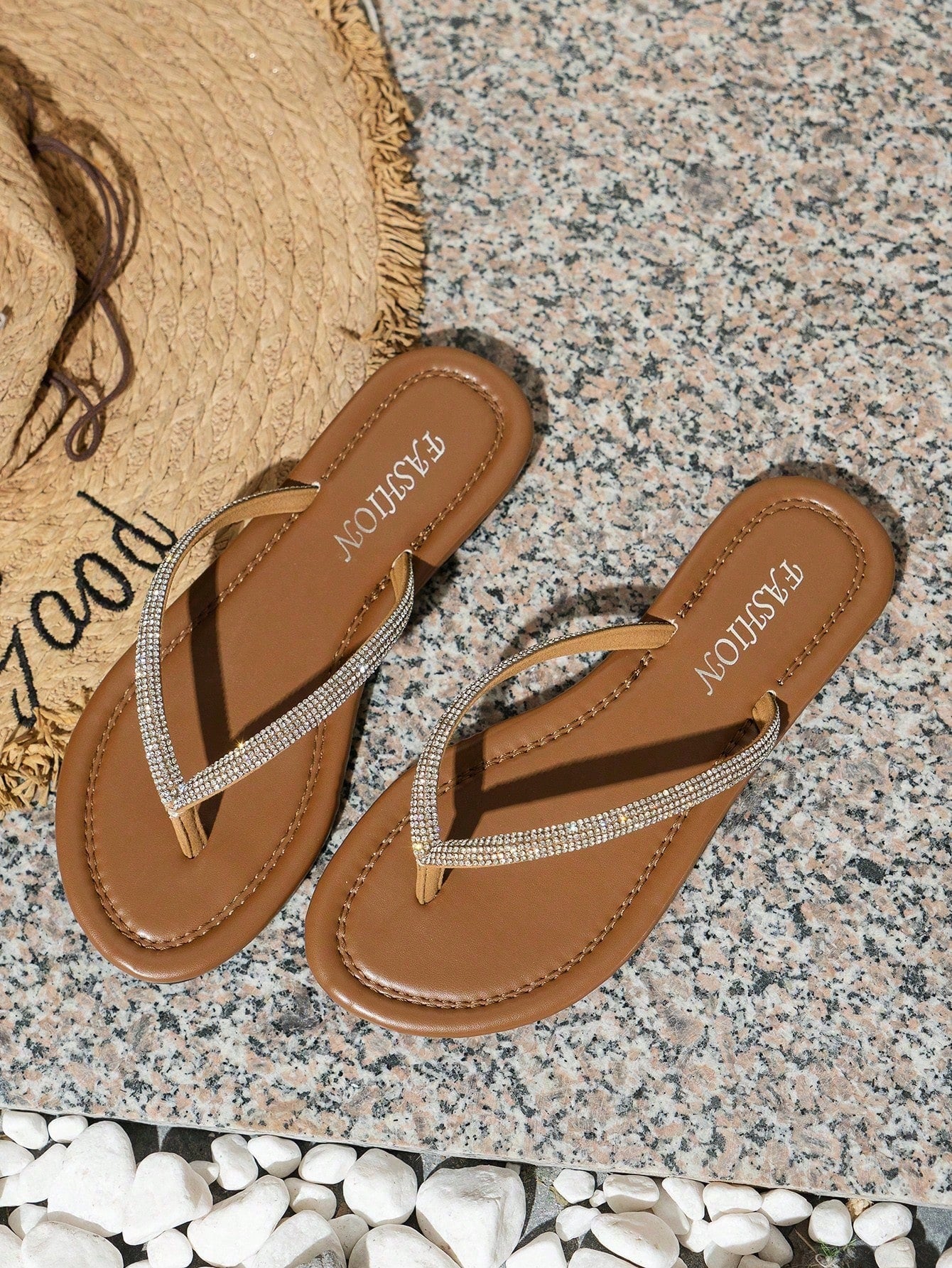 Women's Rhinestone Flat Flip Flops, Open Toe Slip-On Beach Sandals For Summer