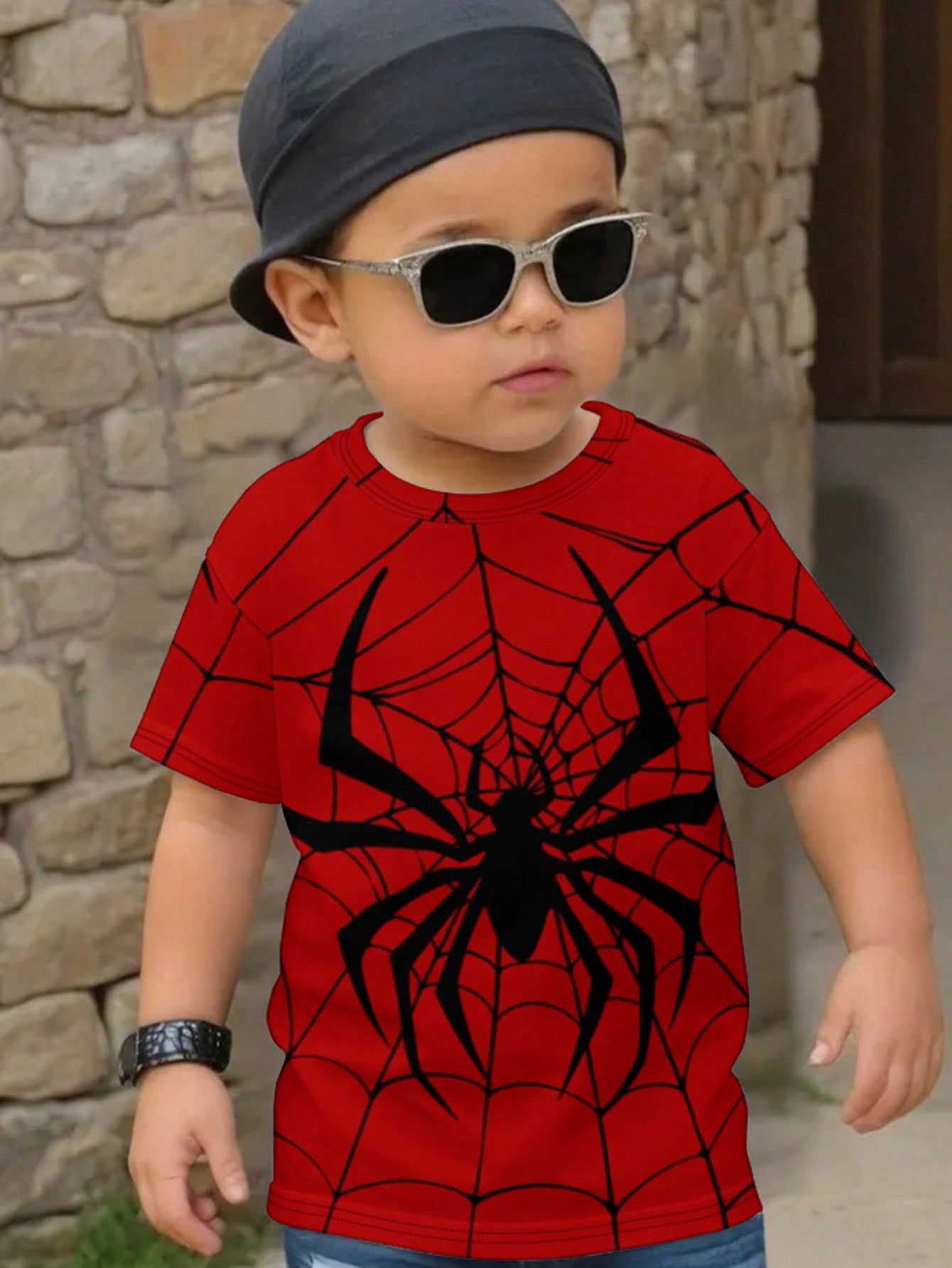 Spider & Young Boy Casual Spider Pattern Short Sleeve Round Neck T-Shirt Suit For Summer