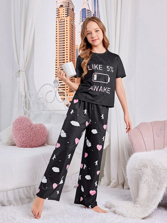 Tween Girl Cute Sweet Short Sleeve And Long Pants Knit Flame Retardant Pajamas Set