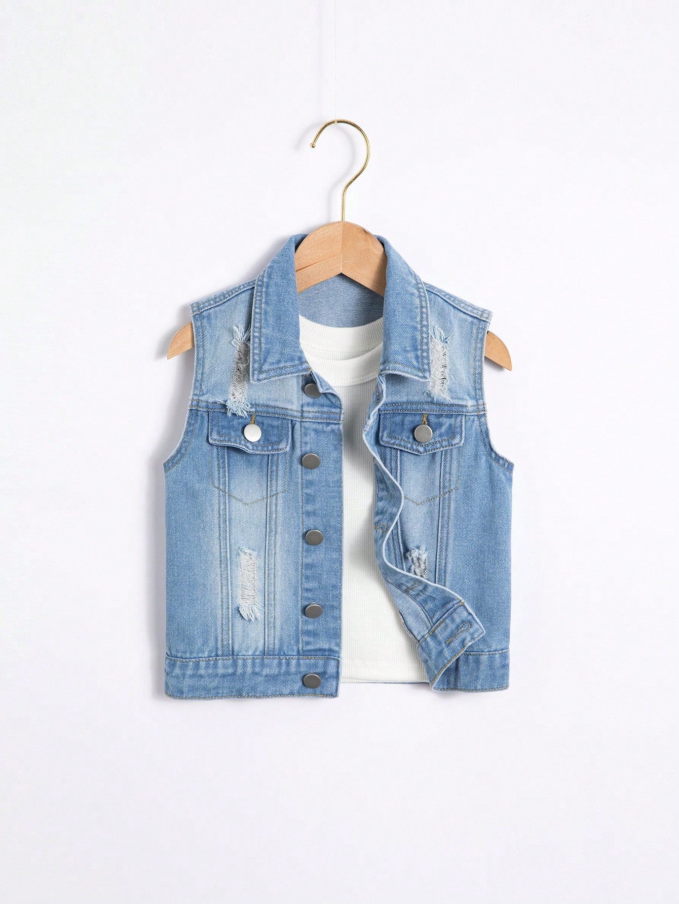 Kids Young Boy Summer Casual Medium Washed Distressed Denim Vest Jacket, Fashionable And All-Match