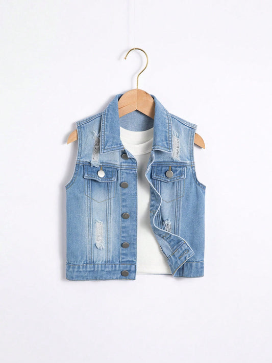 Young Boy Medium Wash Distressed Denim Vest Jacket