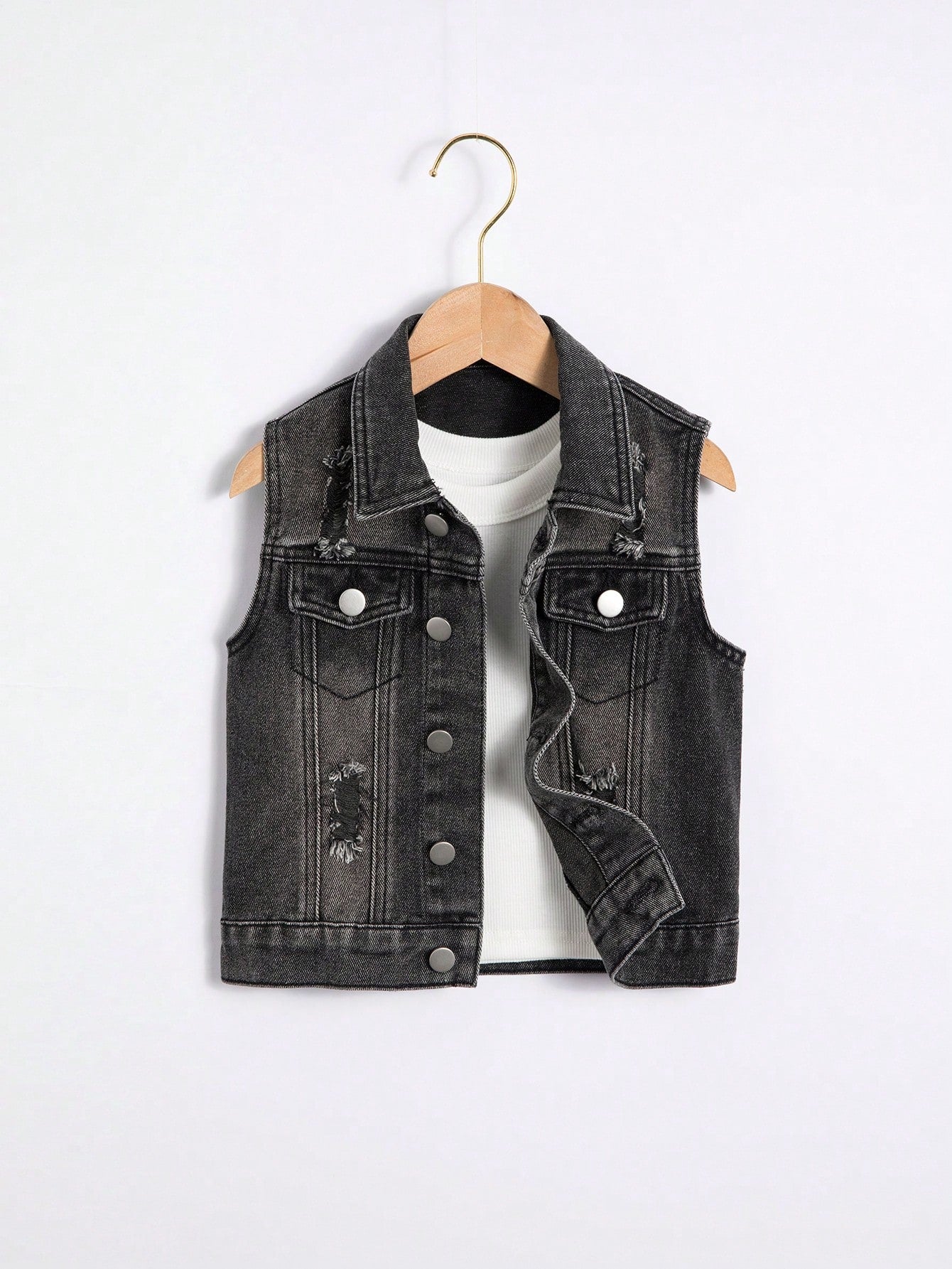 Kids Young Boy Summer Casual Medium Washed Distressed Denim Vest Jacket, Fashionable And All-Match