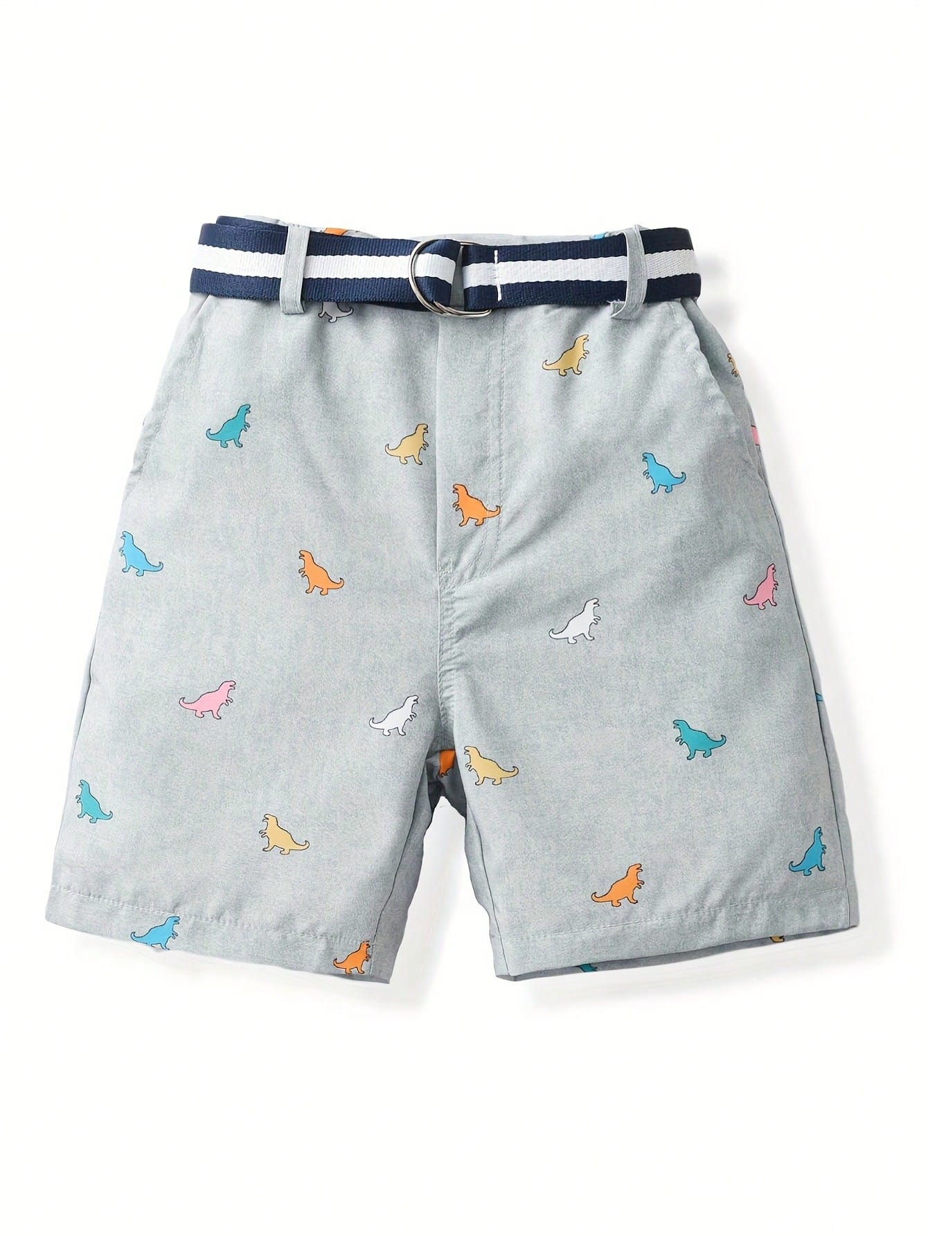 Young Boy Cartoon & Dinosaur Printed Casual Shorts, Belted Gentleman Shorts, Party Shorts