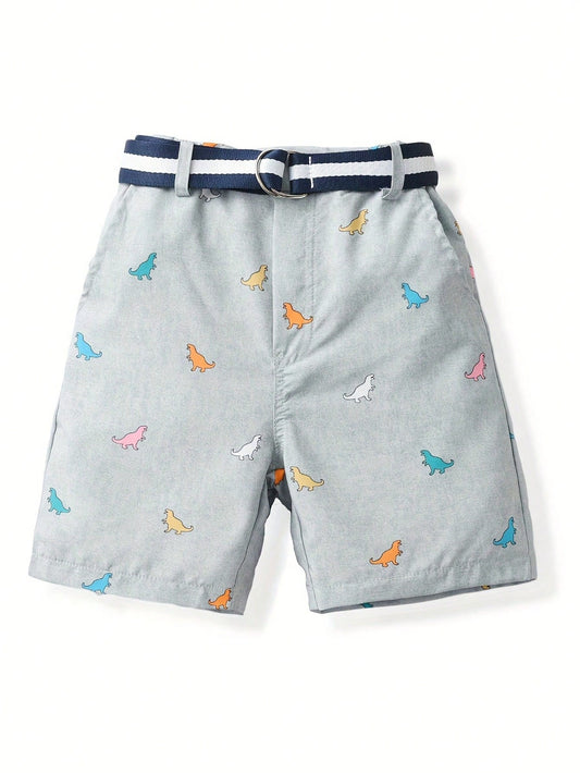 Young Boy Cartoon & Dinosaur Printed Casual Shorts, Belted Gentleman Shorts, Party Shorts