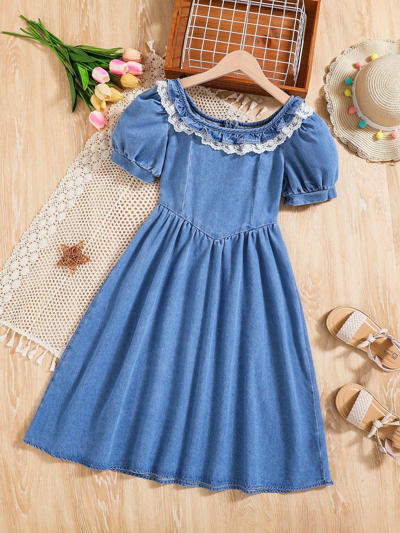 Tween Girl Contrast Lace Ruffle Trim Puff Sleeve Dress For Summer Vacation,Girls Summer Dress Outfits