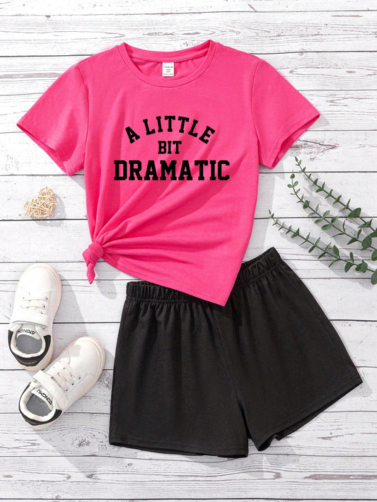 Tween Girl Casual Minimalist Letter Print Round Neck T-Shirt Set, Suitable For Summer