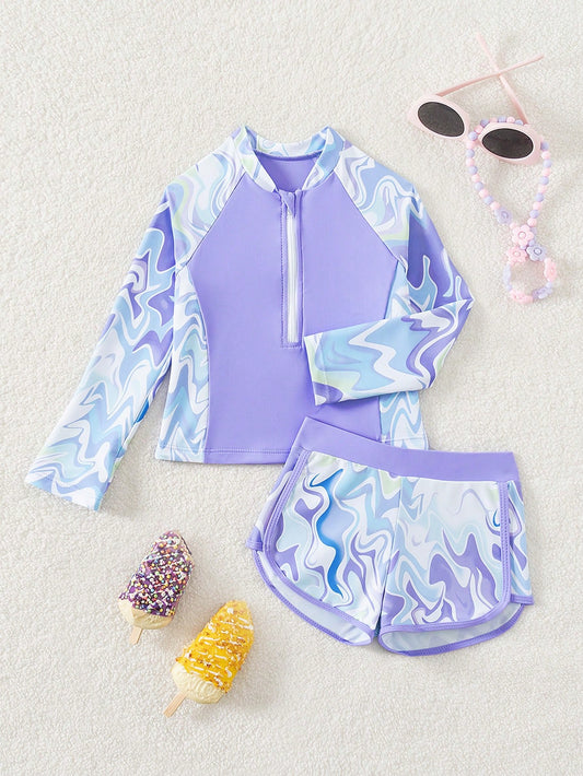 Young Girl Cute Swirl Printed Long Sleeve Tankini Swimsuit, Perfect For Beach Vacation In Summer