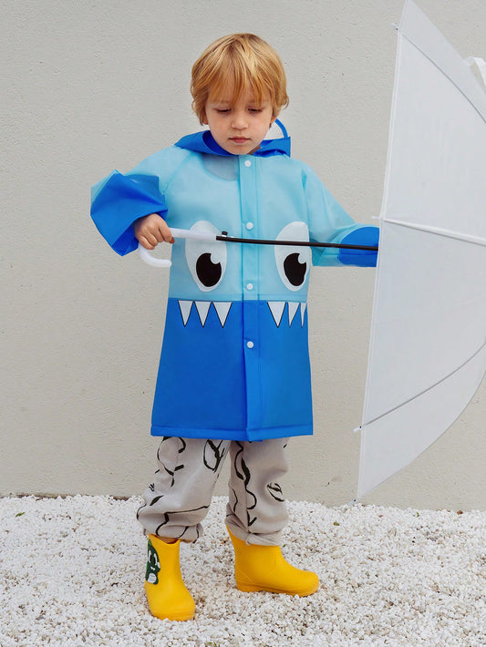 Boys' Blue Patchwork Little Monster Printed Raincoat With Fun Shapes, All Seasons