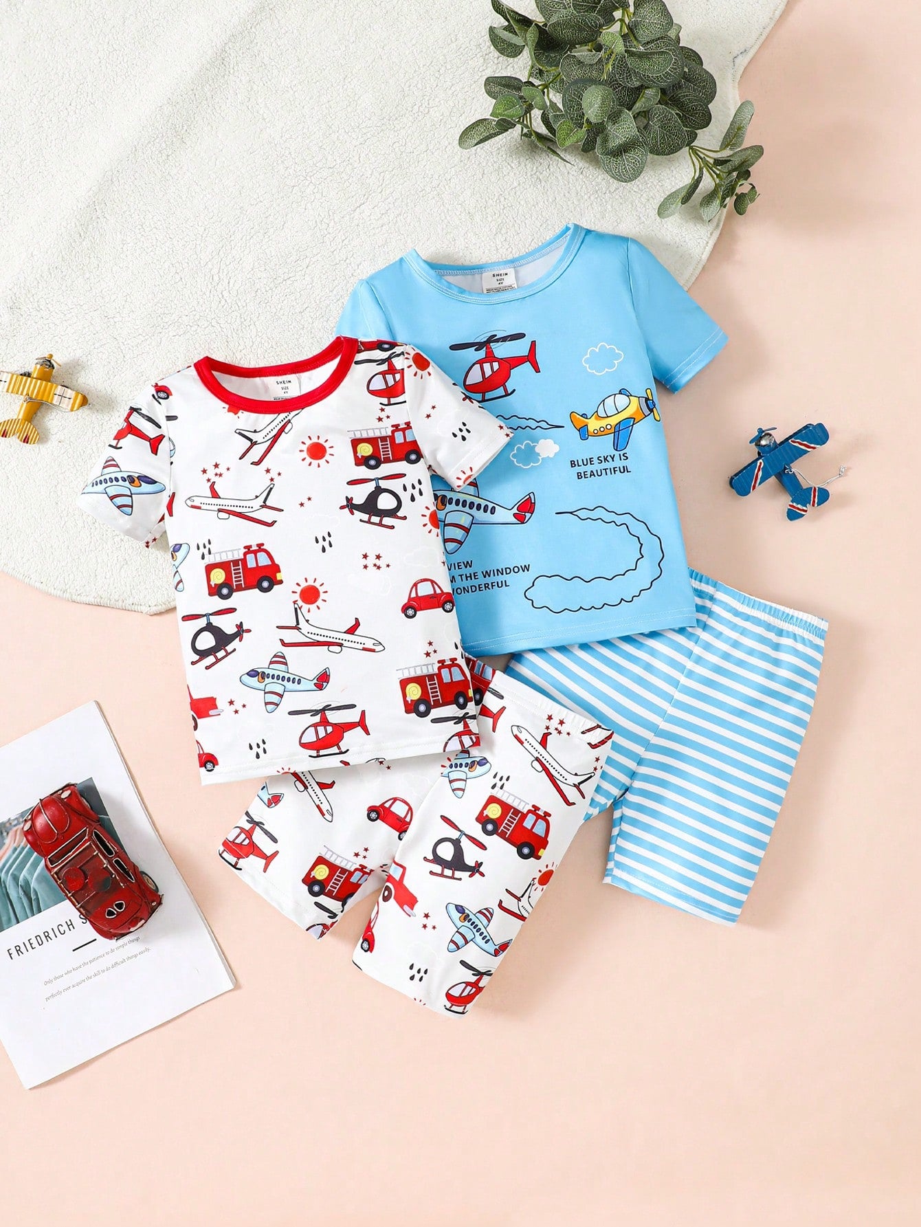 Young Boy Simple And Fashionable Snug-Fit Pajama Set With Airplane, Fire Truck, And Taxi Printed Short-Sleeve Top And Shorts