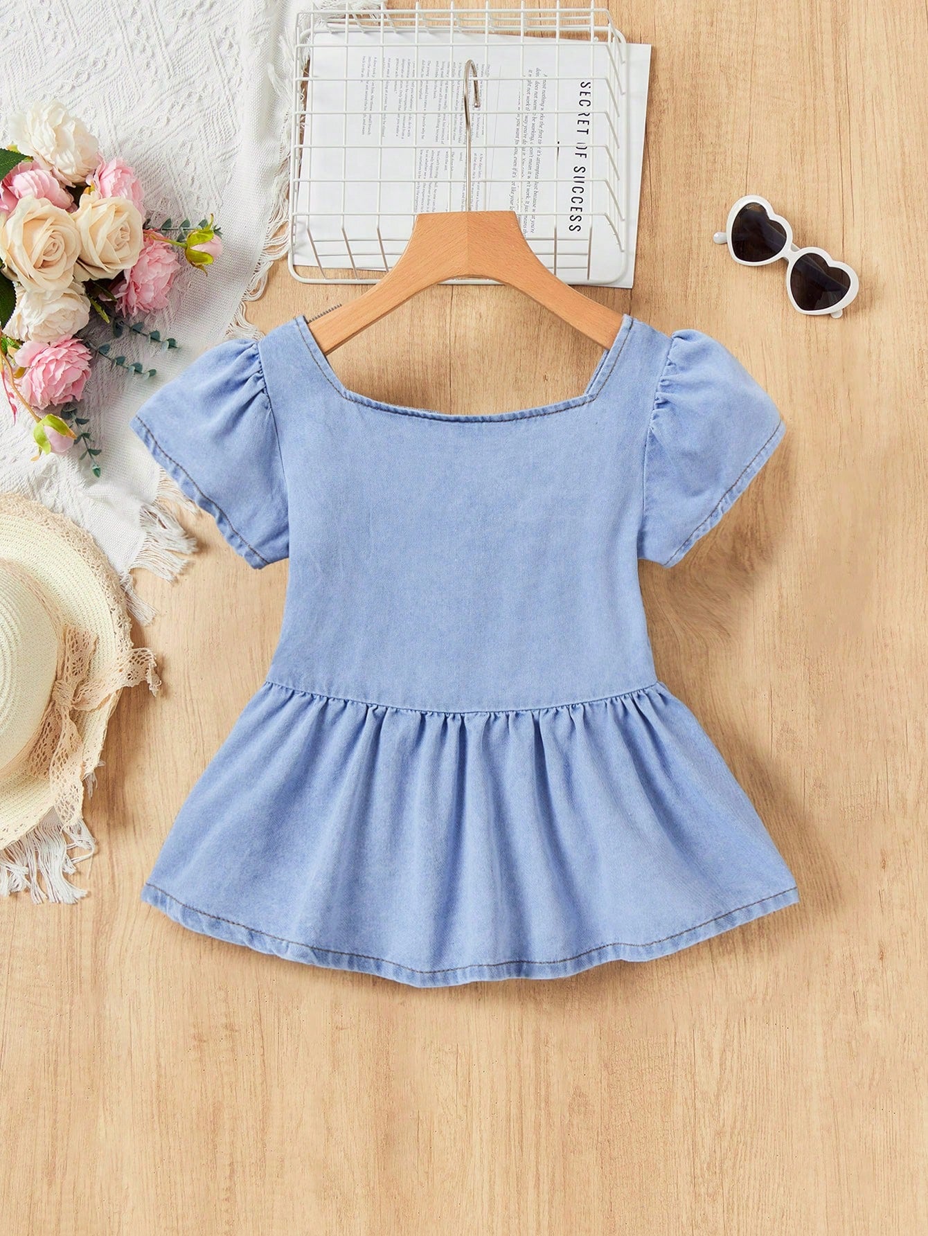 Tween Girl Ditsy Floral Flutter Sleeve Ruffle Trim Denim Jeans Tops Blouse For Summer Vacation