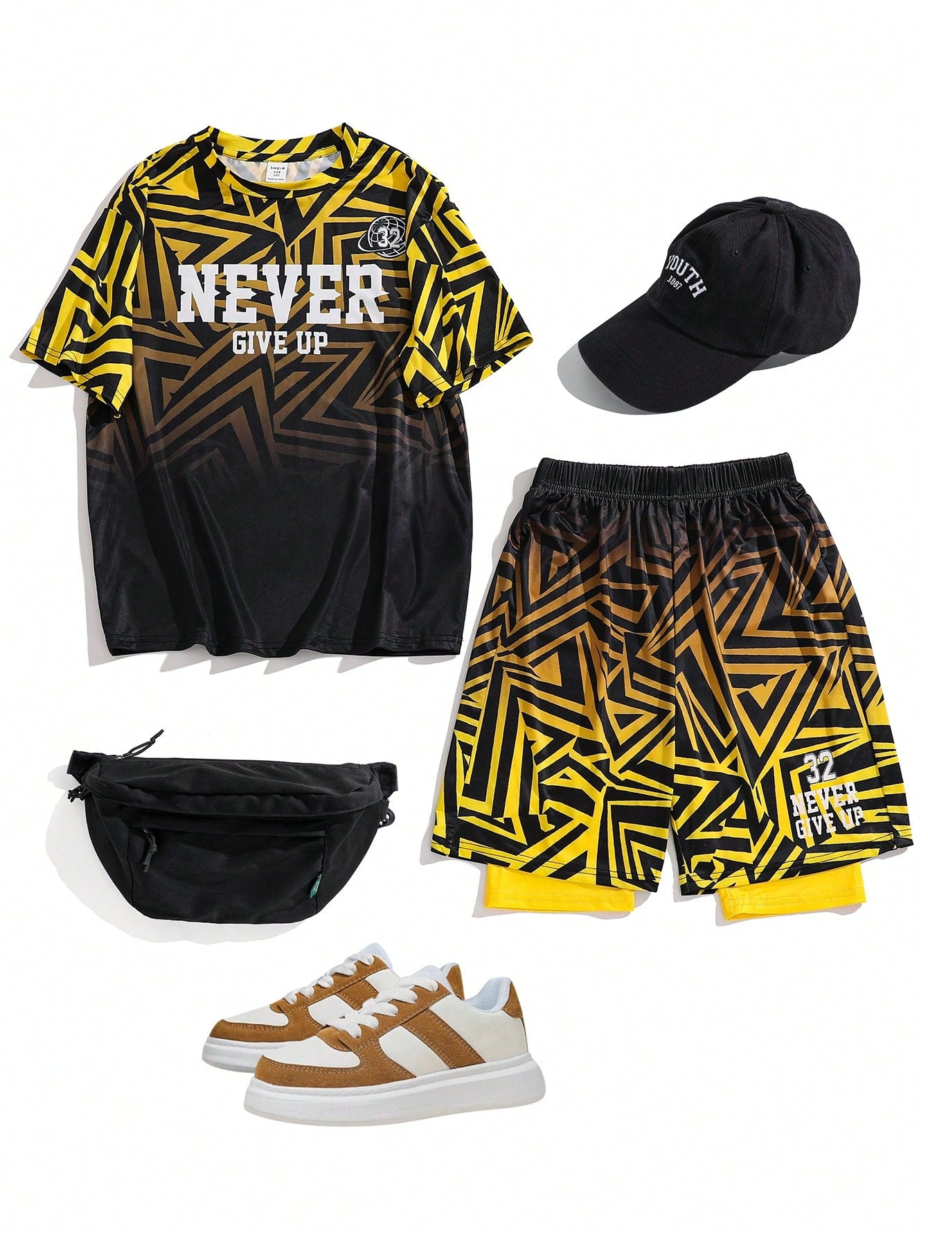 Tween Boy Casual Sports Letter Print Round Neck Short Sleeve T-Shirt And Shorts / Tight Pants Knitted Sports Suit