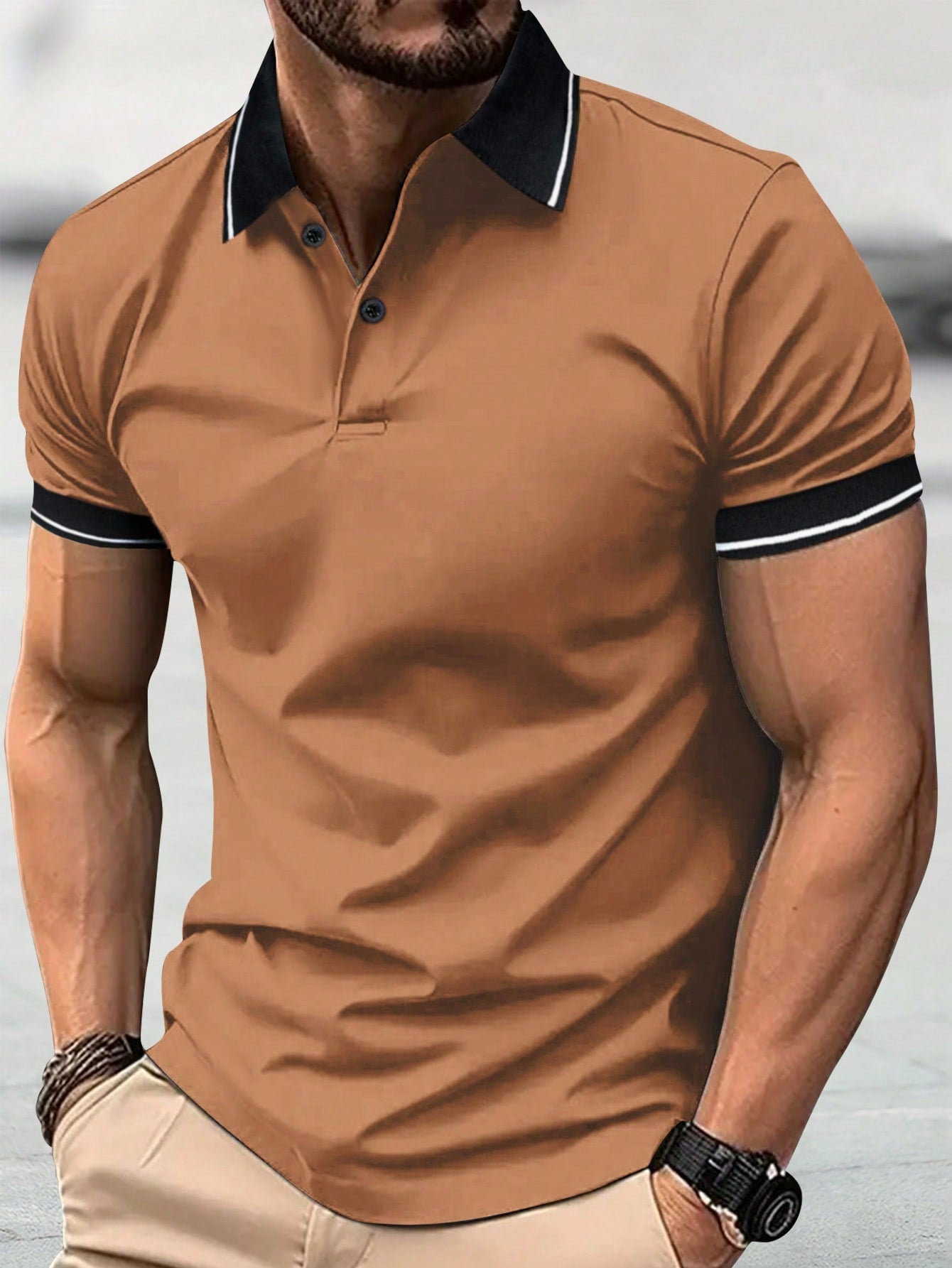 Men's Summer Vintage Turn-Down Collar Color-Block Short Sleeve Polo Shirt
