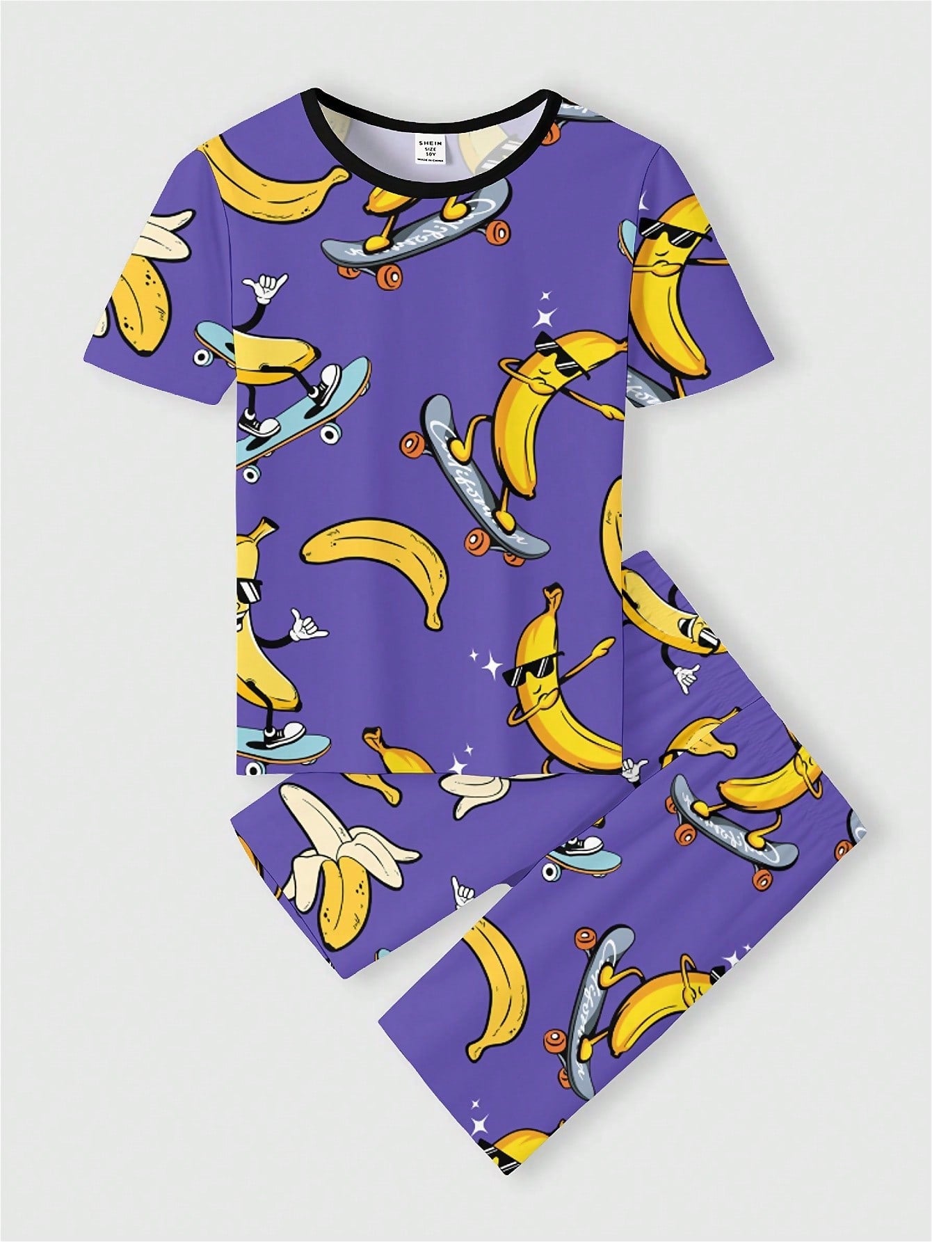 Tween Boy Casual Simple Banana Cartoon Pattern Short Sleeve T-Shirt And Long Pants Home Wear Set, Spring/Summer Snug Fit