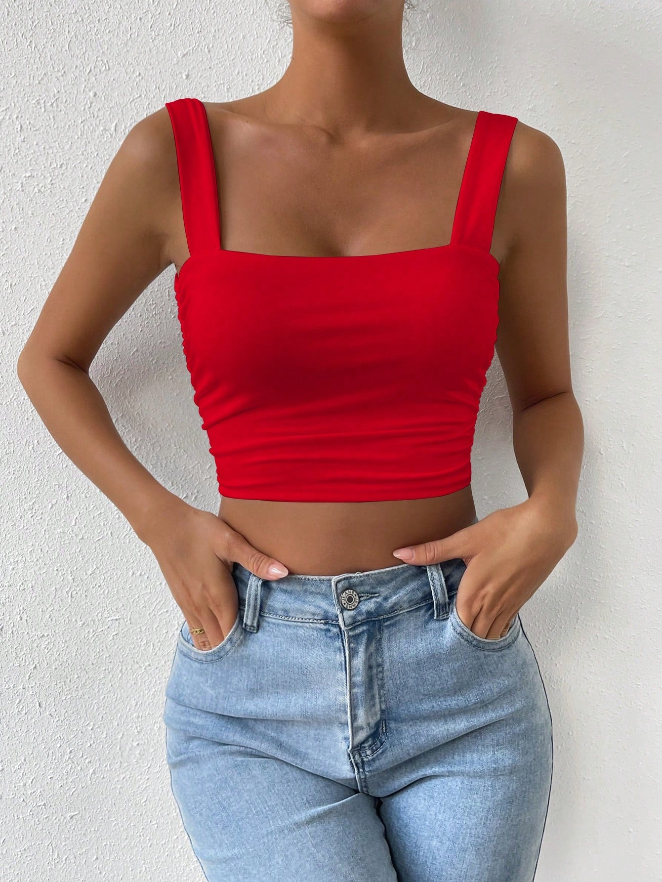 Women's Solid Color Pleated Crop Fitted Camisole For Summer