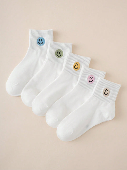 5pairs Interesting Personality Cartoon Embroidery Smiling Face Design Mid-Calf Kids Socks For Daily Fashion Matching