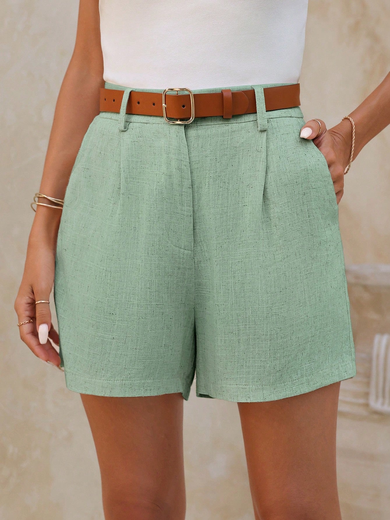 Women's Simple Solid Color Linen Shorts With Bamboo Knot Design