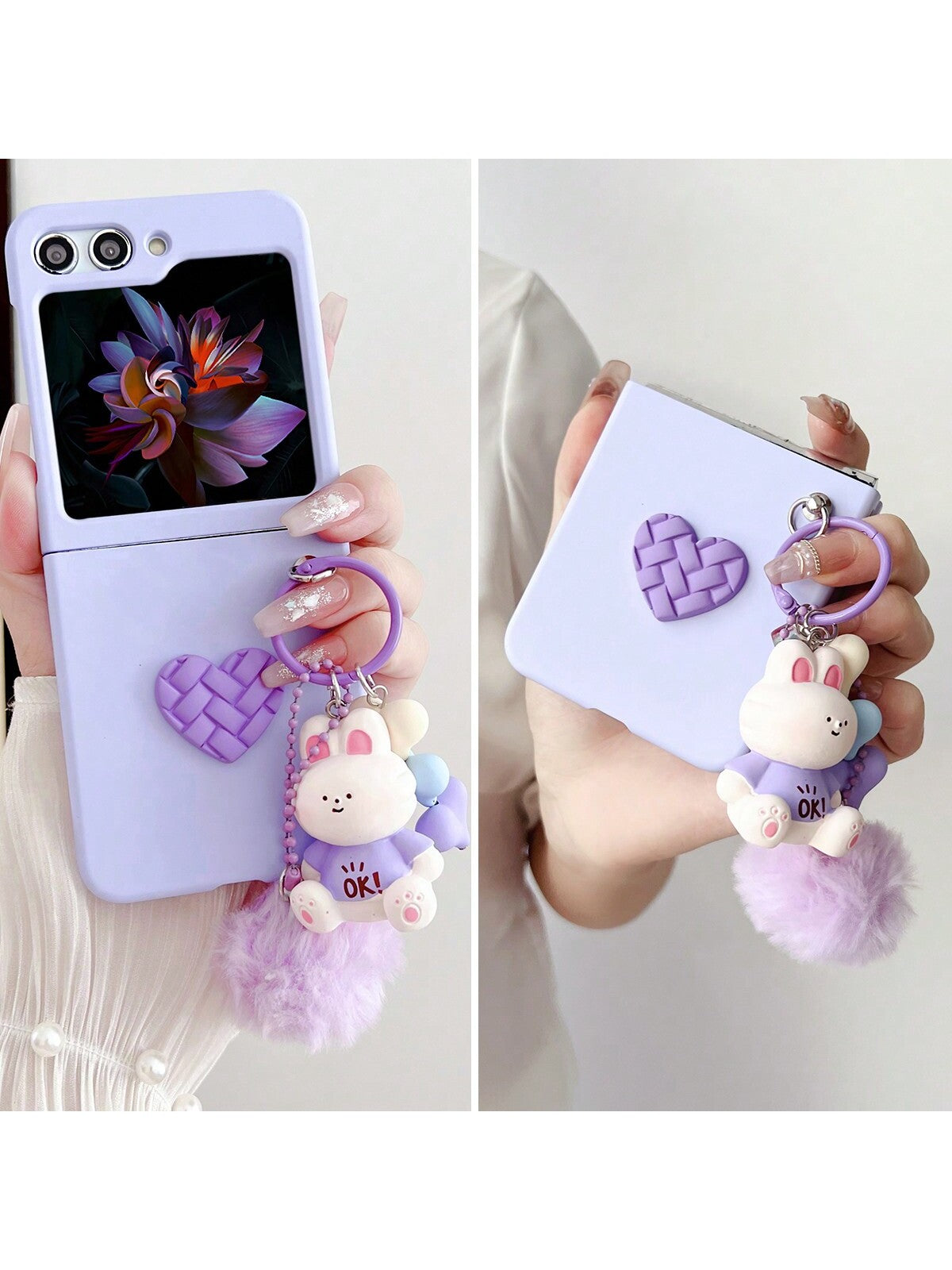 1pc Hard Plastic Heart Phone Case And 1pc Cartoon Pendant, Compatible With Samsung Galaxy Z Flip6 5 4 3 5G