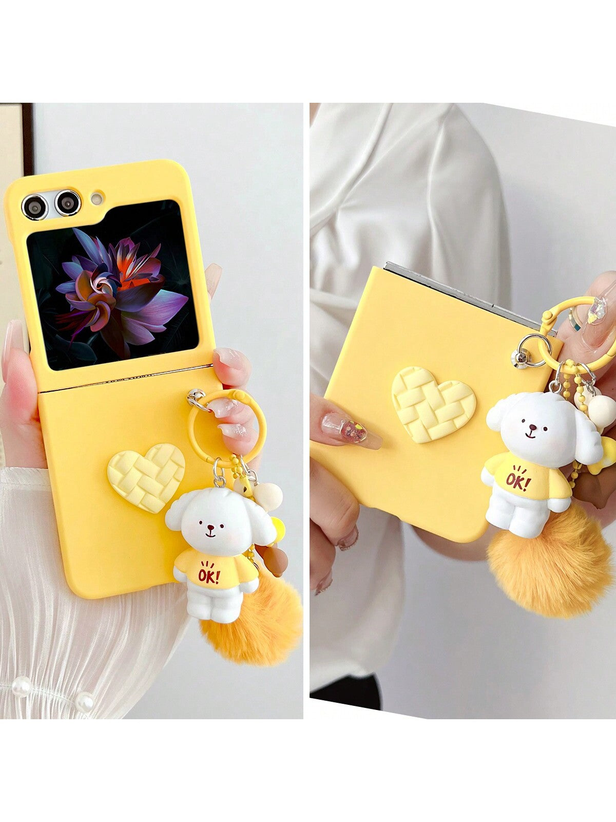 1pc Hard Plastic Heart Phone Case And 1pc Cartoon Pendant, Compatible With Samsung Galaxy Z Flip6 5 4 3 5G