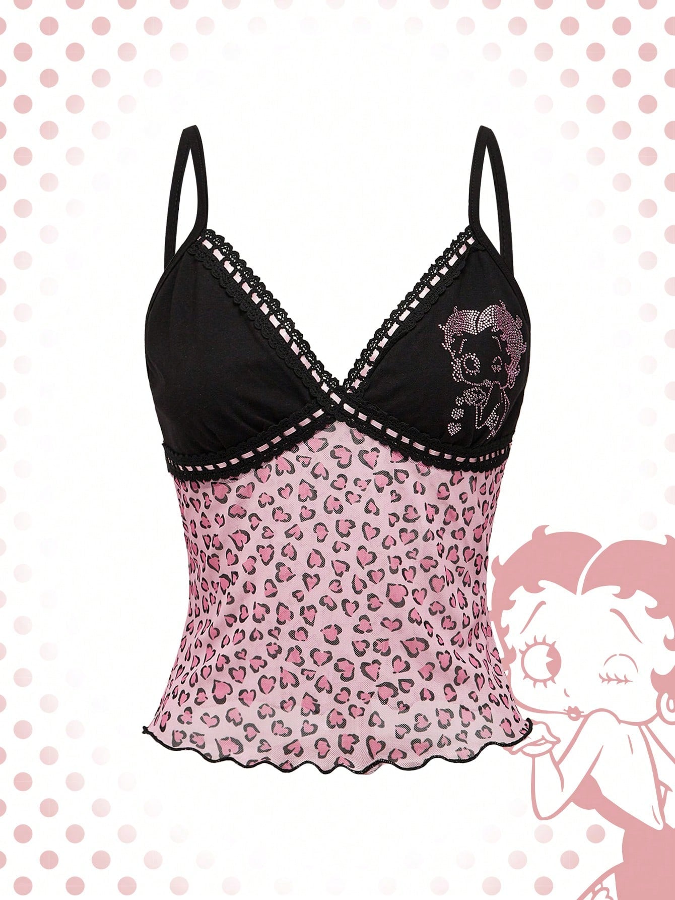 Women's Cartoon Character Rhinestone Pattern Heart Leopard Print Color Block Cami Top For Summer