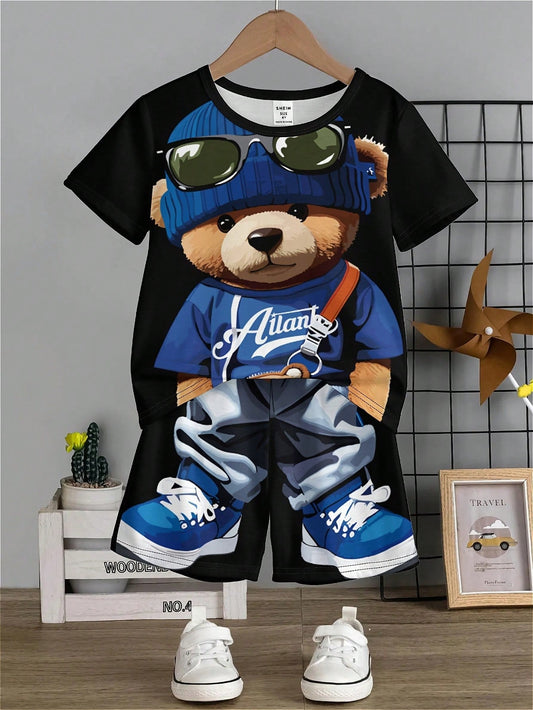 Young Boy Casual Cartoon Bear Pattern Short Sleeve T-Shirt And Shorts 2pcs/Set, Suitable For Summer