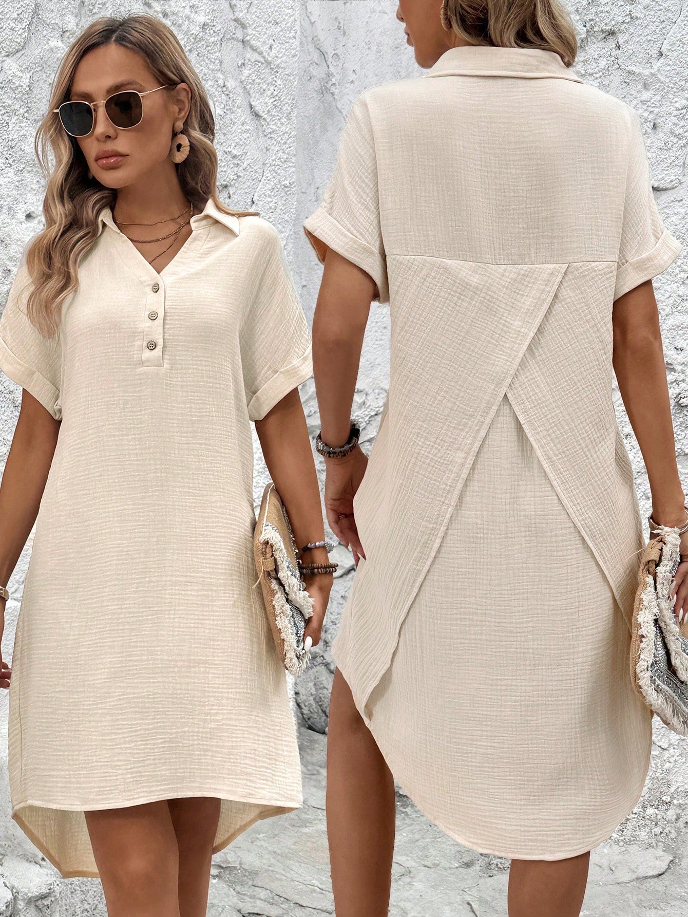 Women's Collarless Button-Decorated Back Overlapping Asymmetrical Hem Linen Cotton Blend Casual Shirt Dress For Summer Vacation