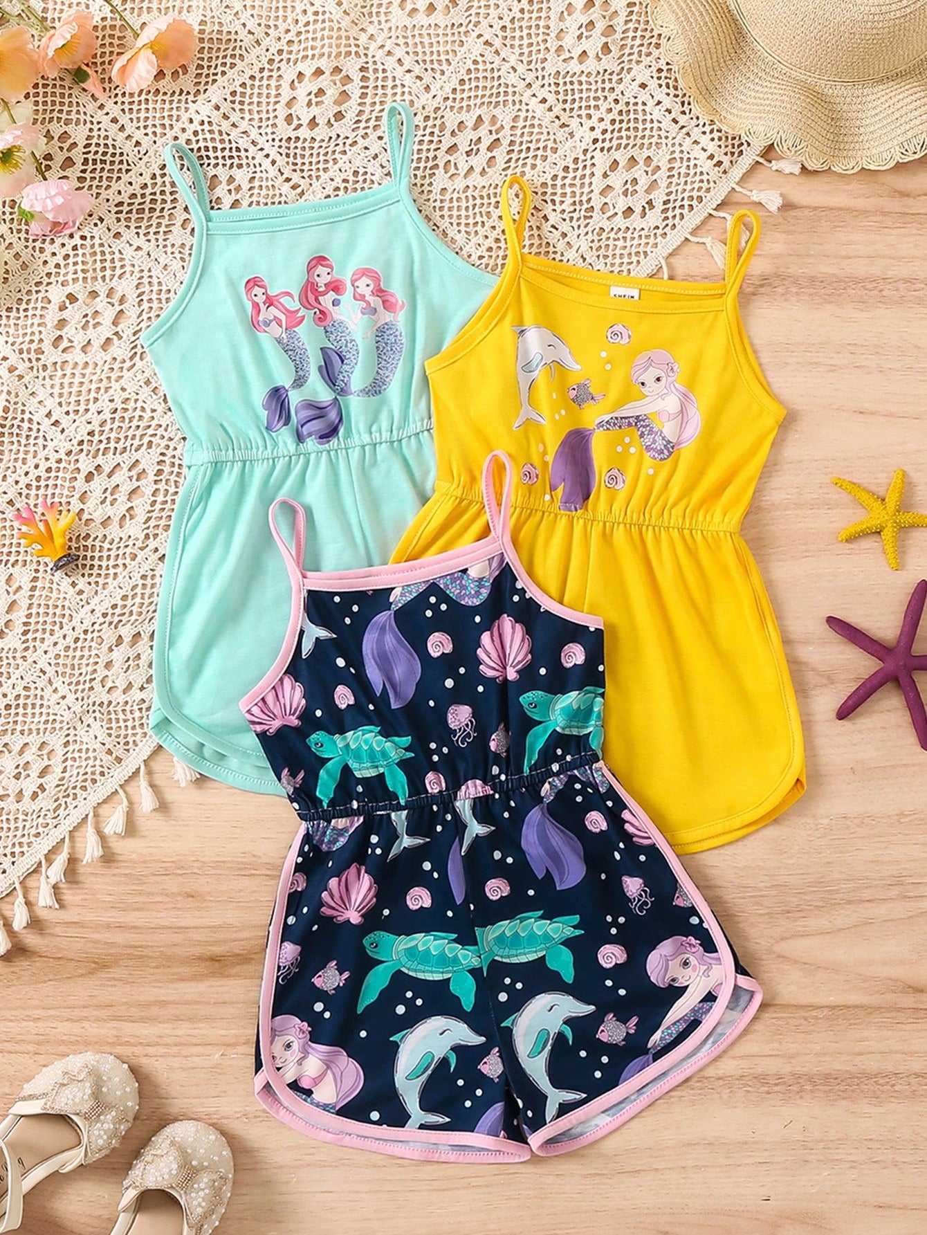 Young Girl 3PCS Casual Cute Mermaid Print Spaghetti Strap Romper Set For Spring/Summer