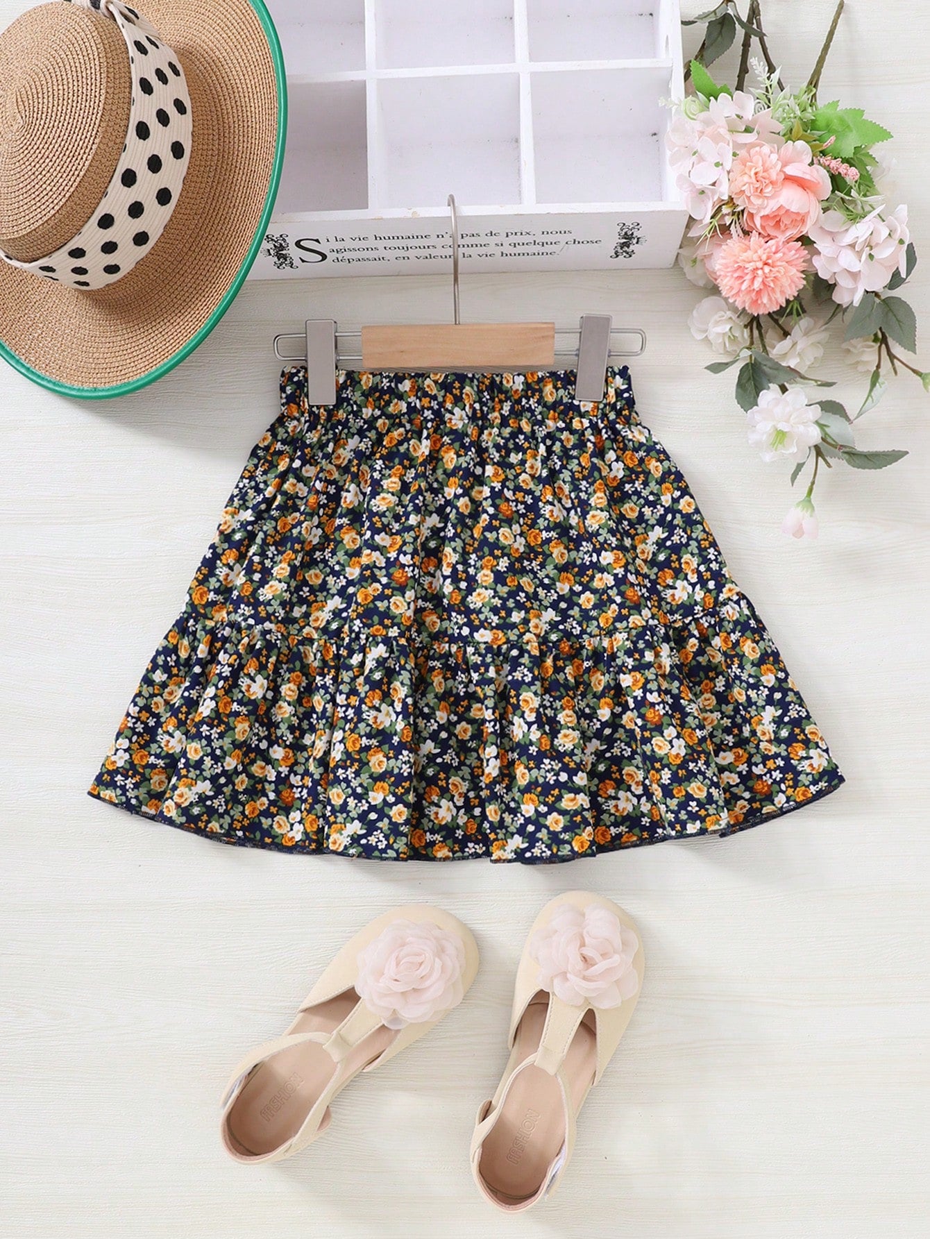 Tween Girl Ditsy Floral Print Paperbag Waist Skirt