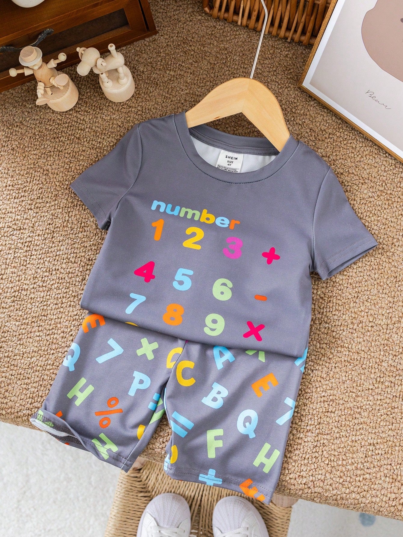 Young Boys' Leisure Cartoon Letter Print High Elastic Round Neck Pullover And Pants Snug Fit Homewear 2pcs/Set