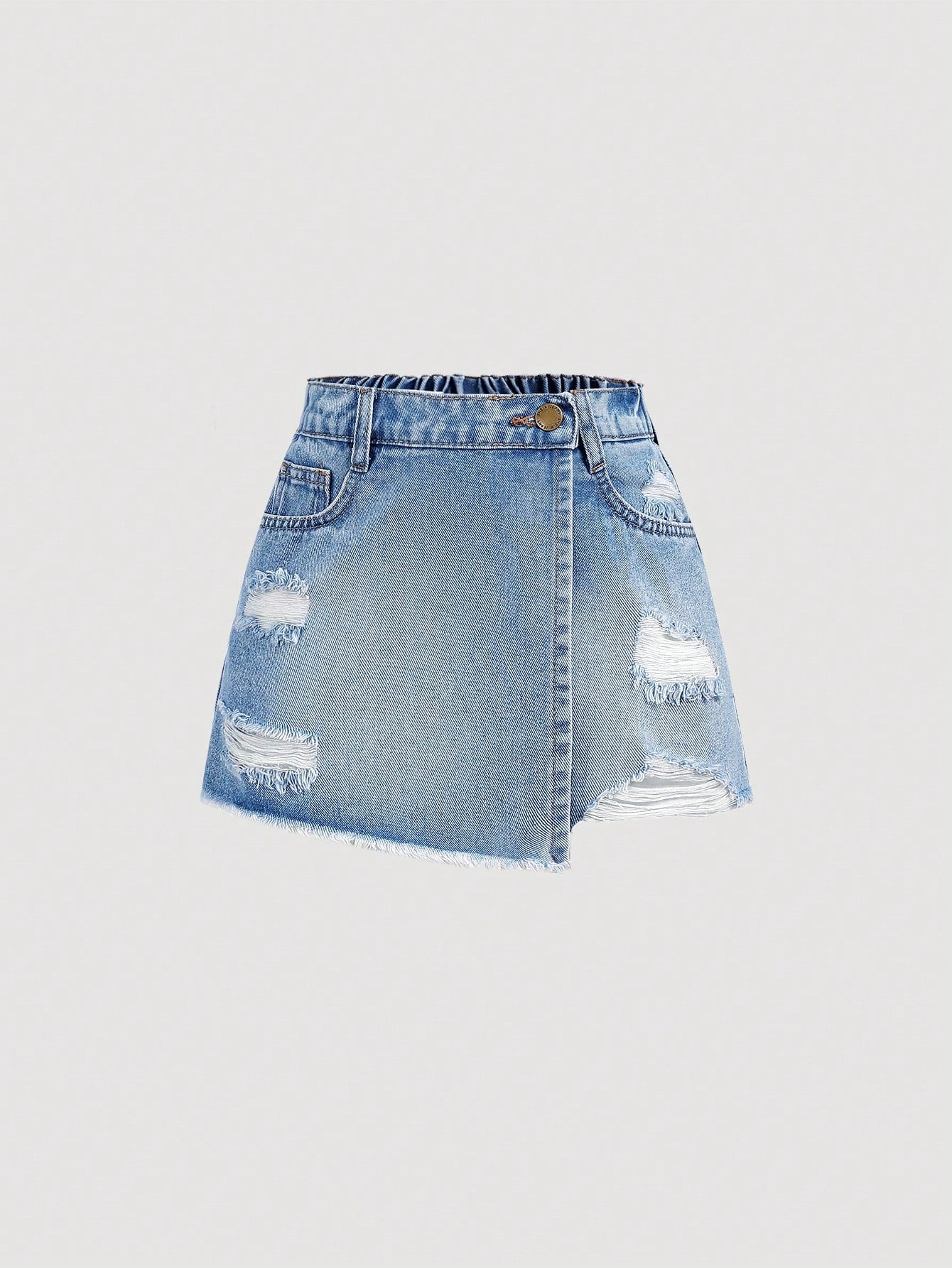 Tween Girl Spring And Summer Boho Ripped High Waist Wrap Front Denim Skort, Summer Break Outfits