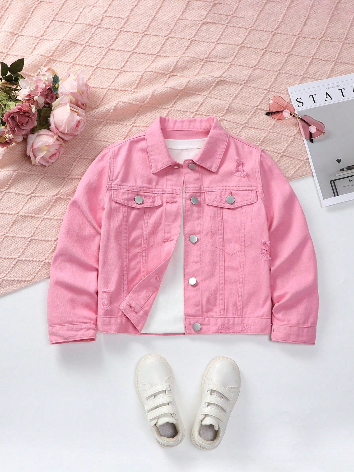 Tween GIrl Boho  Casual Street Medium Wash Ripped Destroy  Denim Jacket , Girls Daily Fashion Outfits