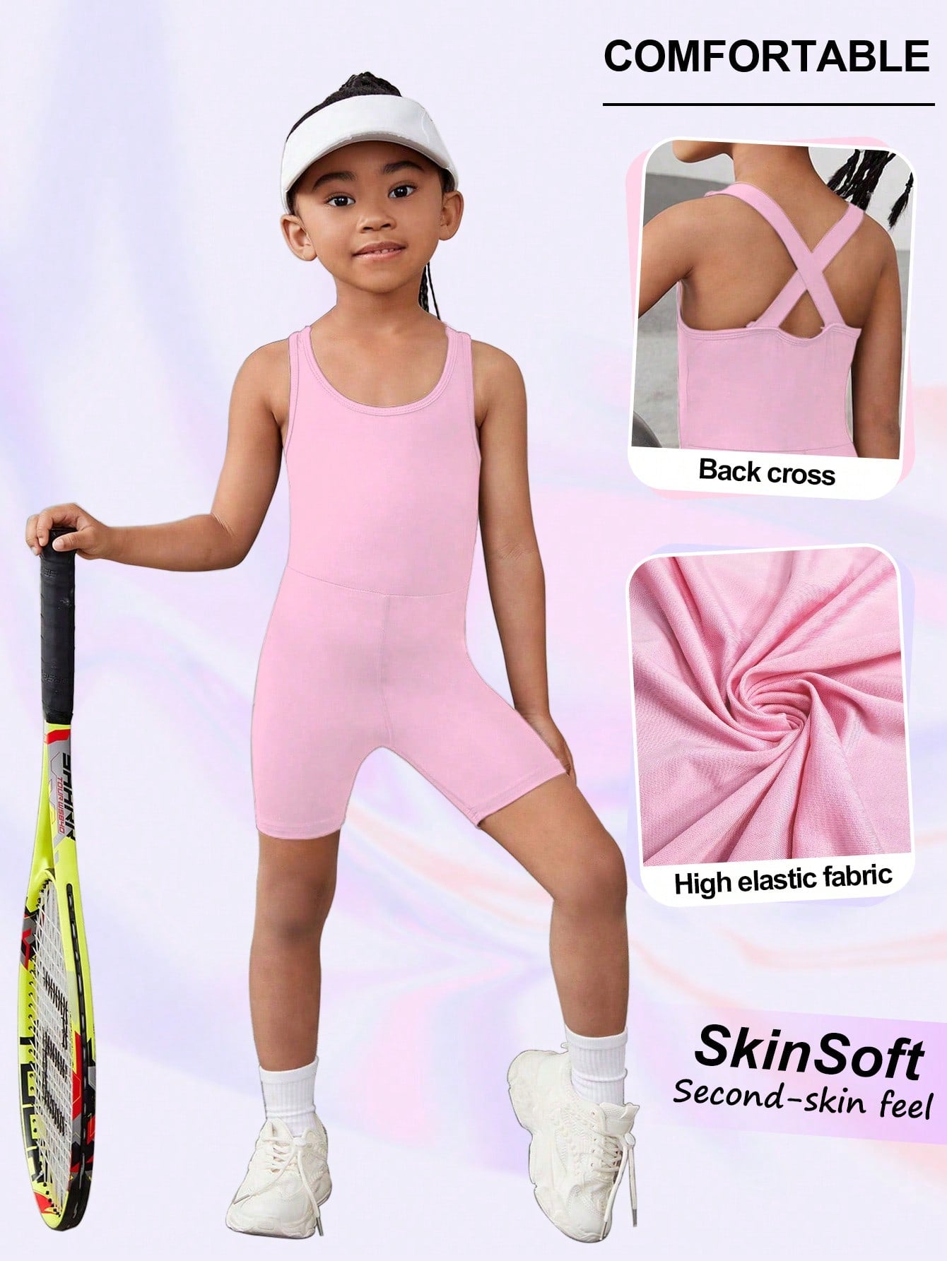 Young Girl Light Purple Sport Jumpsuit, Cross-Back Design, Breathable & Comfortable Casual Wear