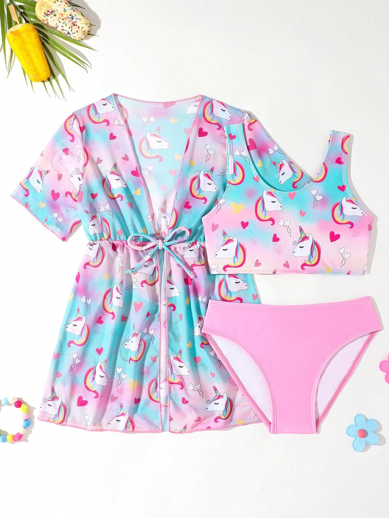 Young Girl 3pc Set Adorable Unicorn & Heart Tie Dye Swimwear With Cover-Up For Sun Protection In Summer