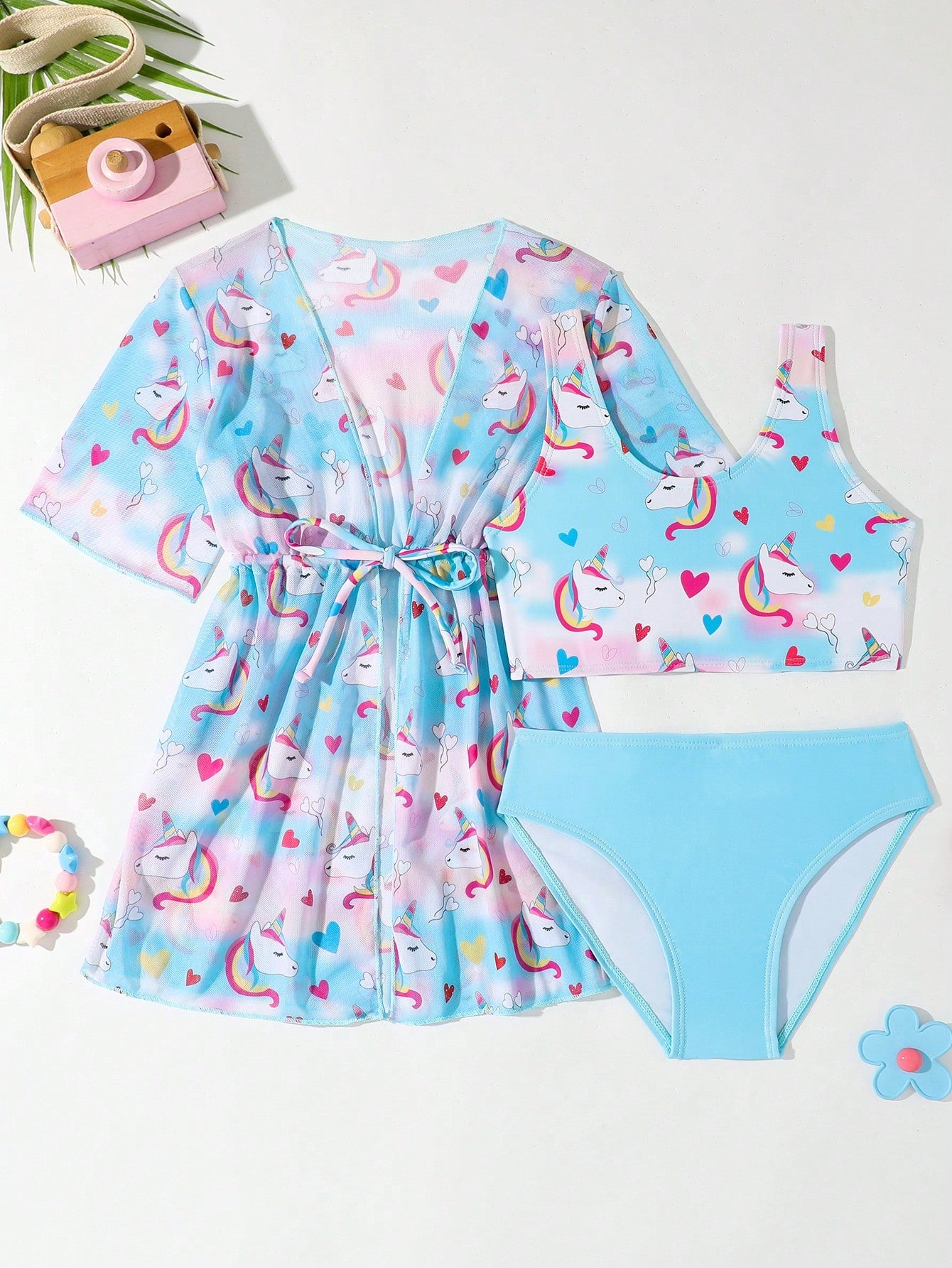 Young Girl 3pc Set Adorable Unicorn & Heart Tie Dye Swimwear With Cover-Up For Sun Protection In Summer