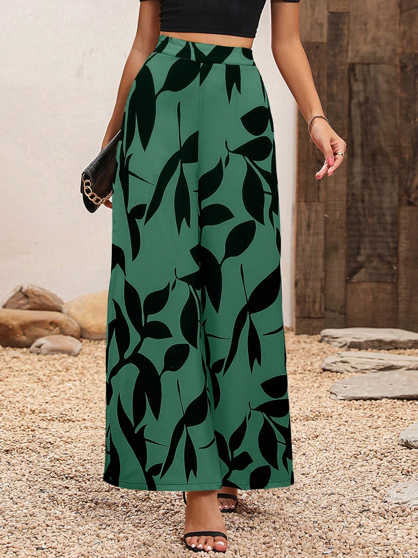 High Waisted Wide Leg Pants With Plant Print