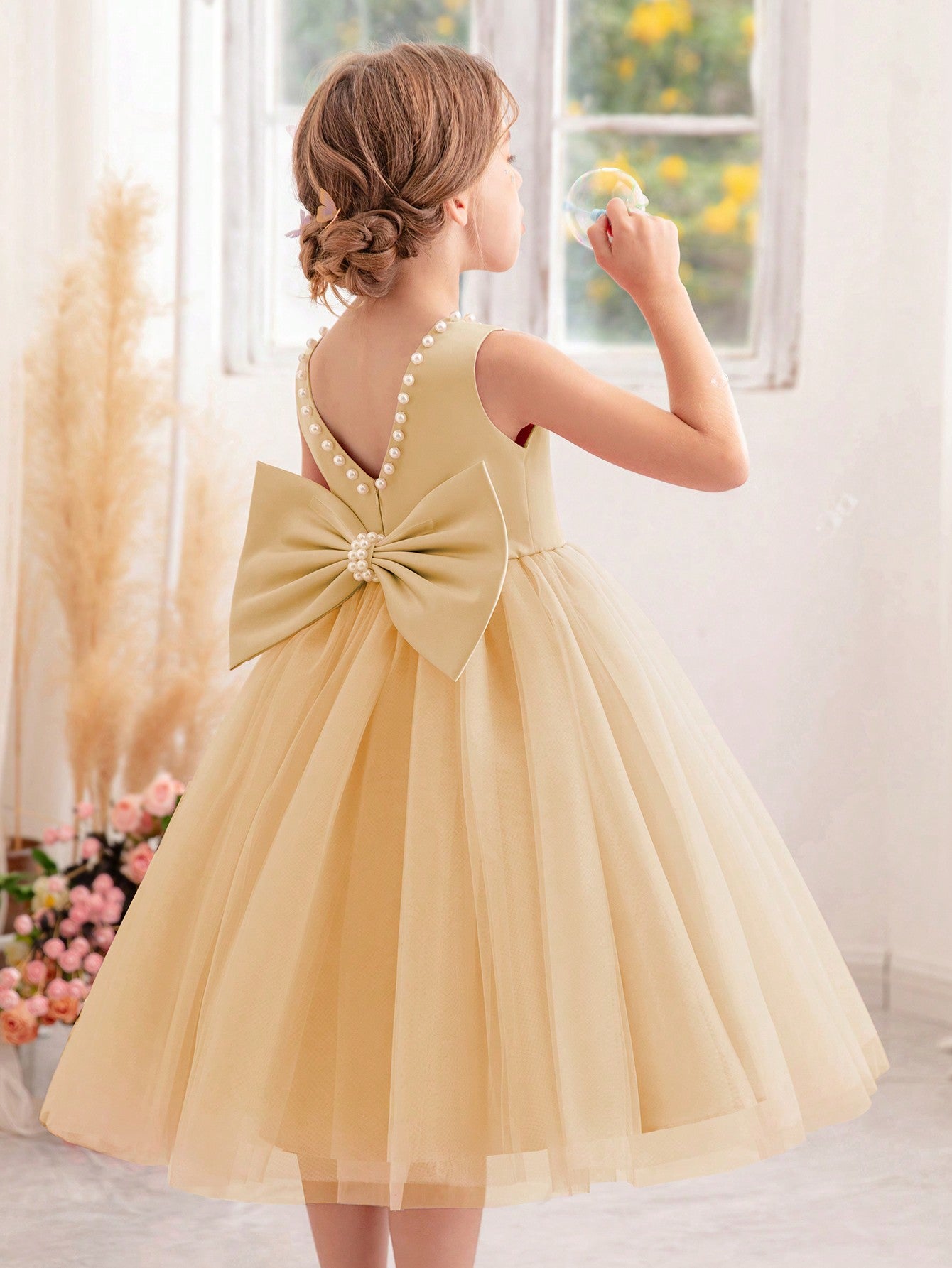 Young Girls' Pearl & Bowknot Design Formal Princess Dress, Perfect For Birthday Parties, Wedding, Dance, Ceremony, Stage Shows And Daily Wear