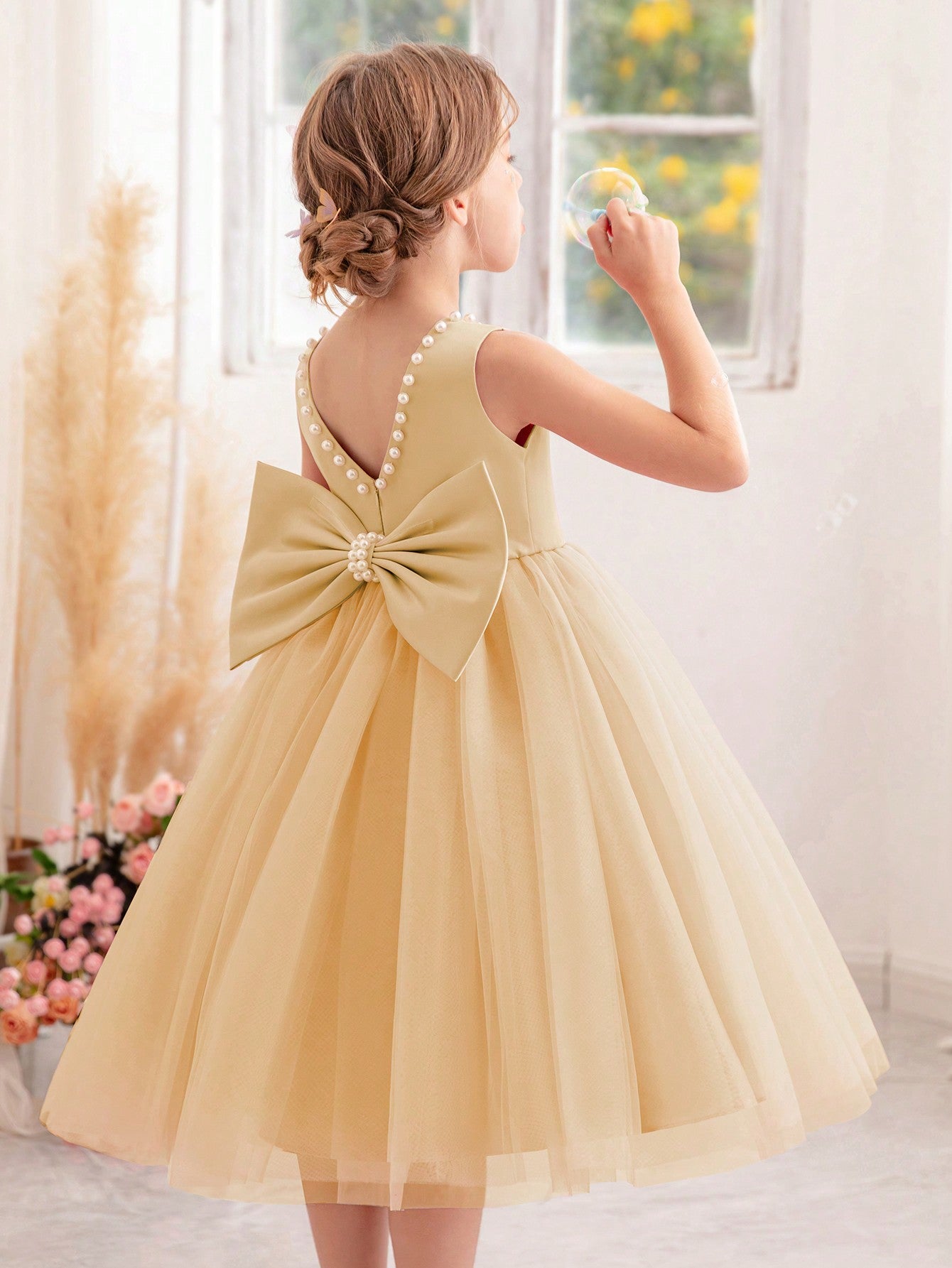 Young Girl Pearl Decor Bowknot Back Mesh Princess Dress, Suitable For Birthday, Party, Dance, Festival, Celebration, Wedding Flower Girl, Stage Show Performance