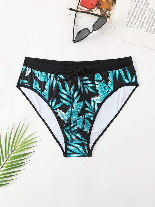 Men's Plus Size Drawstring Waist Plant Printed Triangle Swimming Trunks