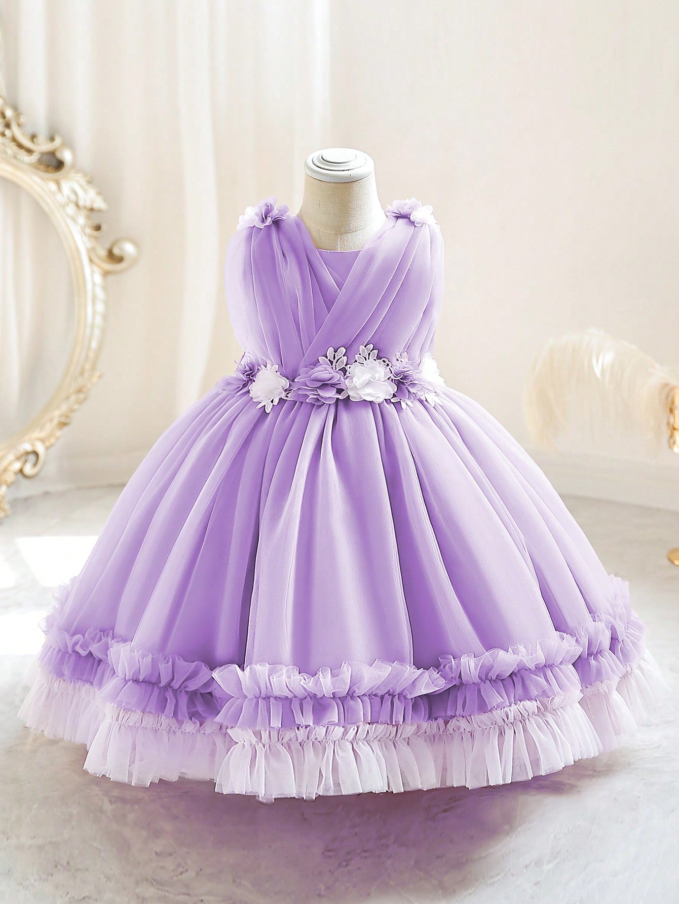 Young Girl Stereo Flower Contrast Mesh Ruffle Trim Gown Dress