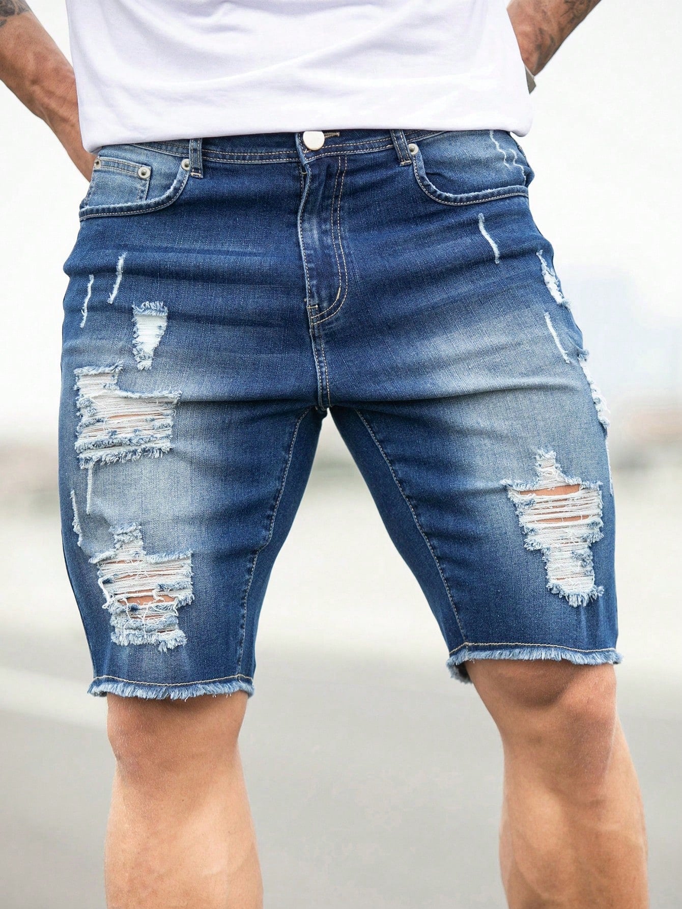 Men Plus Size Simple Daily Ripped Denim Shorts