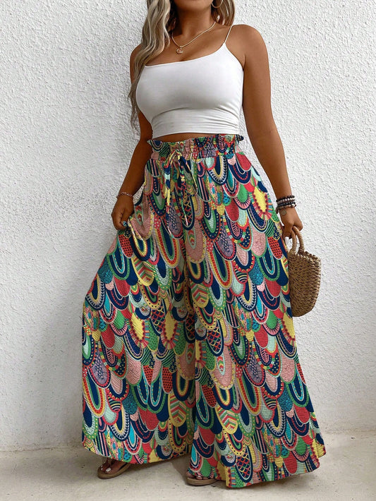 Plus Size Full-Print Elastic Waisted Tie Super Wide-Leg Pants Beach