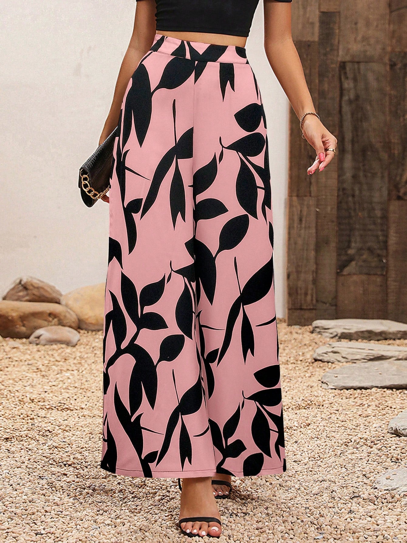 High Waisted Wide Leg Pants With Plant Print